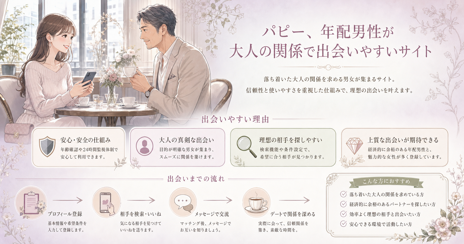 第5位：パピー、年配男性が大人の関係で出会いやすいサイト