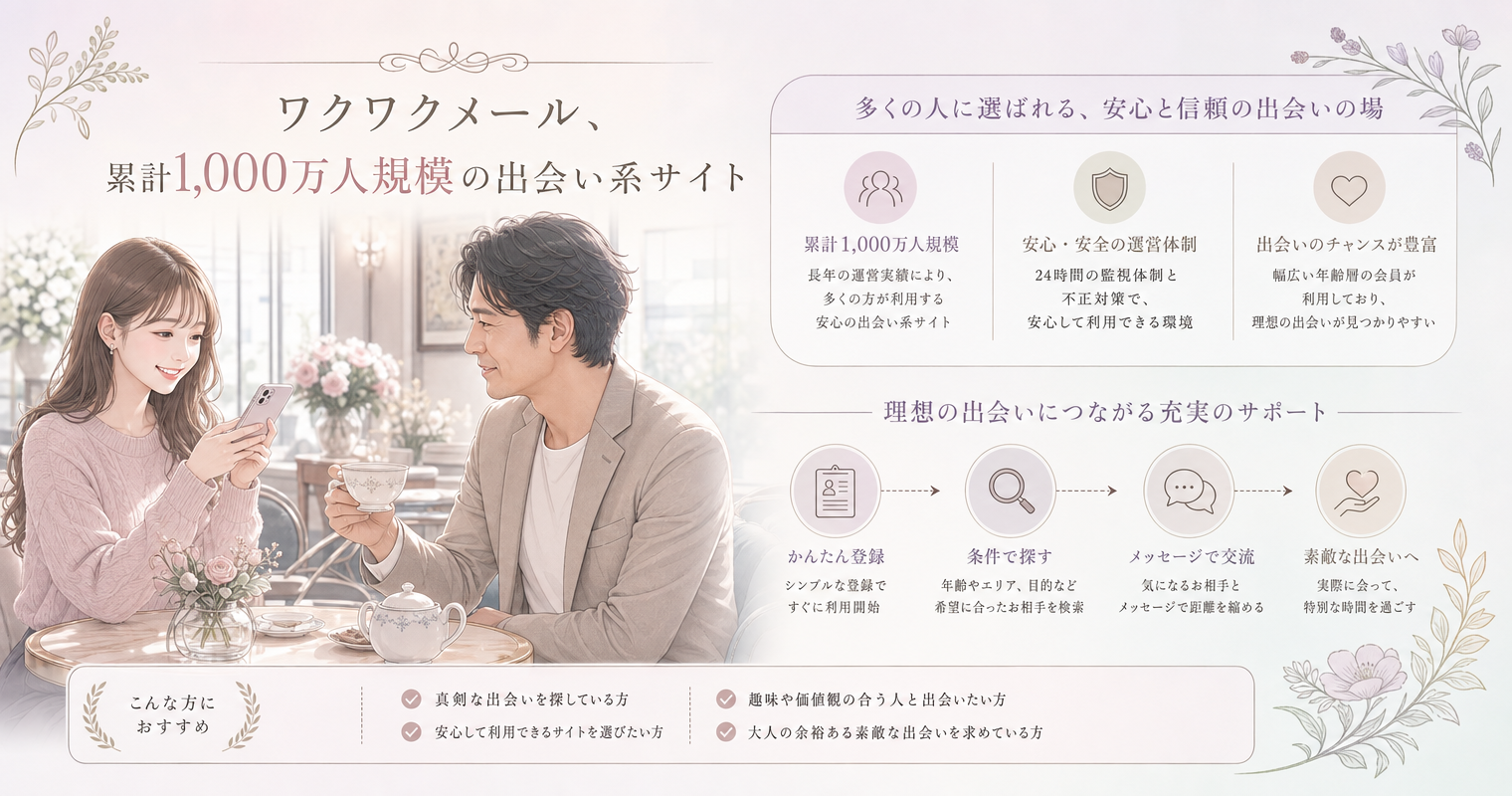 第6位：ワクワクメール、累計1,000万人規模の出会い系サイト