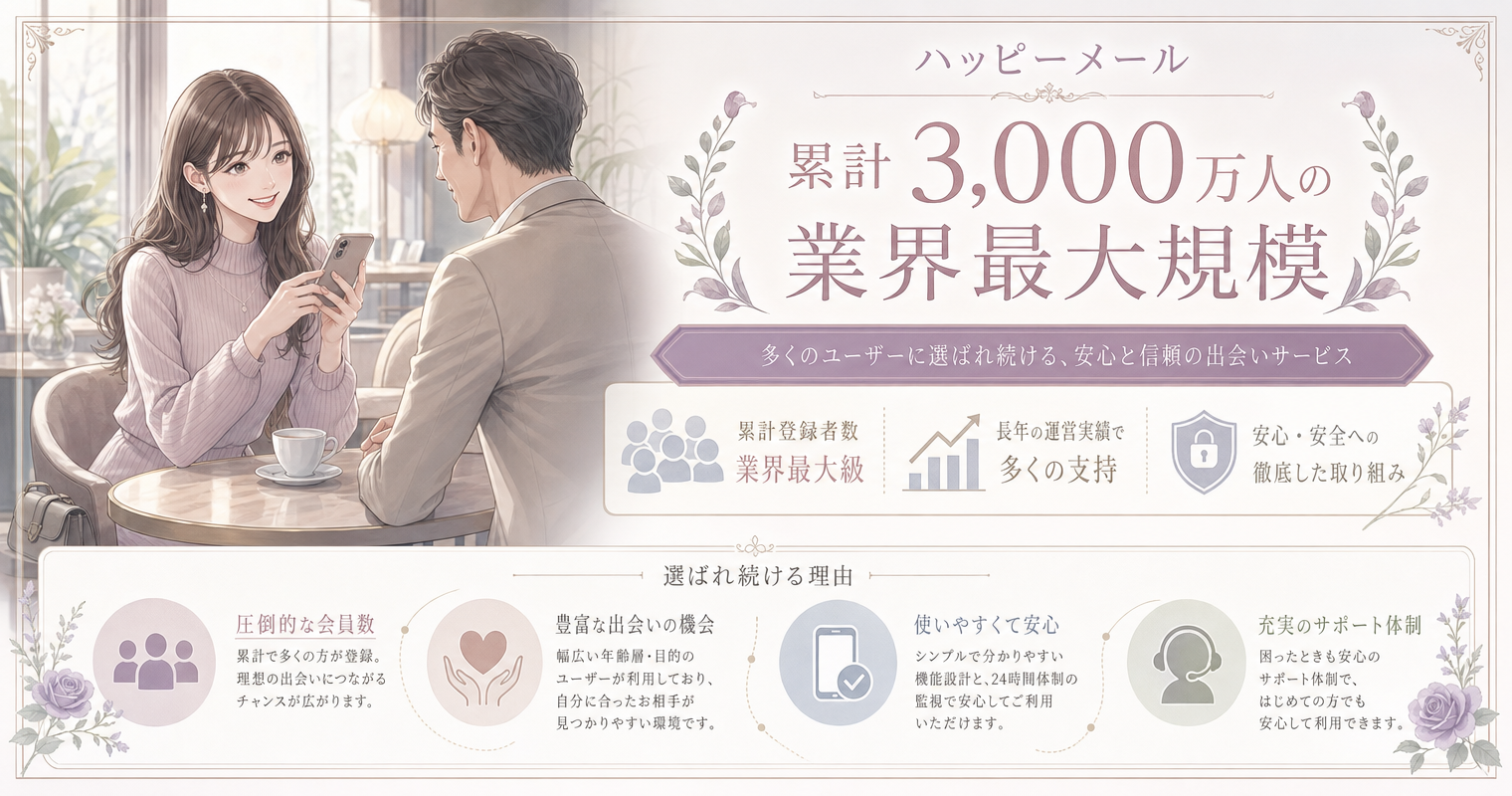 第9位：ハッピーメール、累計3,000万人の業界最大規模